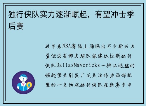 独行侠队实力逐渐崛起，有望冲击季后赛